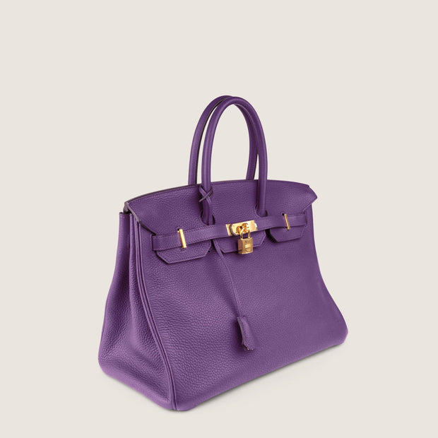 Birkin 35 Handbag in Ultraviolet Clemence Leather with Gold-plated Hardware | Bagnia